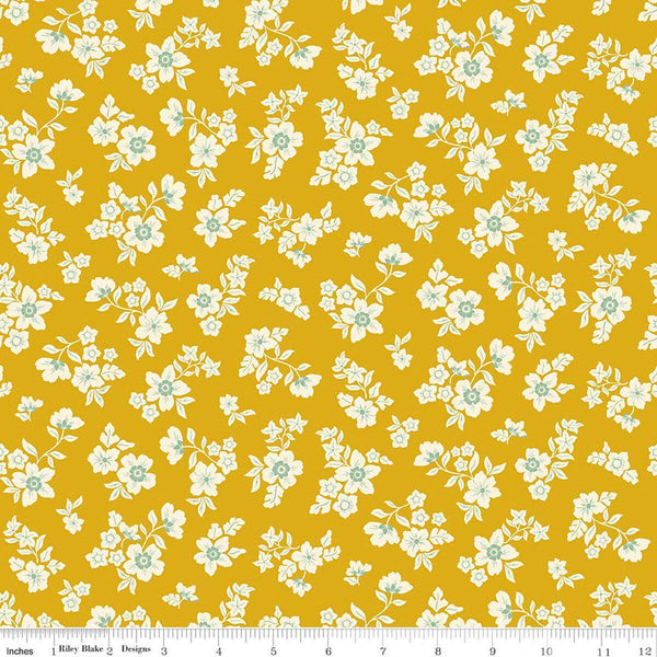 Image of Virginia Rose Primrose Yellow quilting cotton by Katherine Lenius for Riley Blake Designs. Features flowers on a yellow background. Cute Little Fabric Shop