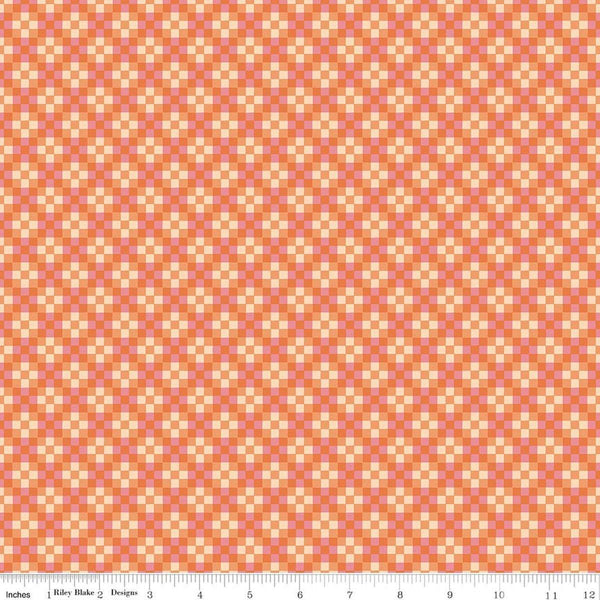 Image of Virginia Rose Patchwork Orange quilting cotton by Katherine Lenius for Riley Blake Designs. Features squares on an orange background. Cute Little Fabric Shop