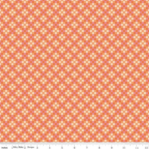 Image of Virginia Rose Patchwork Orange quilting cotton by Katherine Lenius for Riley Blake Designs. Features squares on an orange background. Cute Little Fabric Shop