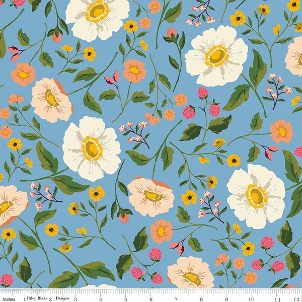 Image of Virginia Rose Main Blue quilting cotton by Katherine Lenius for Riley Blake Designs. Features flowers on a blue background. Cute Little Fabric Shop