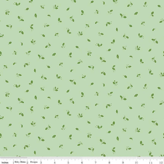 Image of Virginia Rose Leaflet Mint quilting cotton by Katherine Lenius for Riley Blake Designs. Features leaves on a green background. Cute Little Fabric Shop