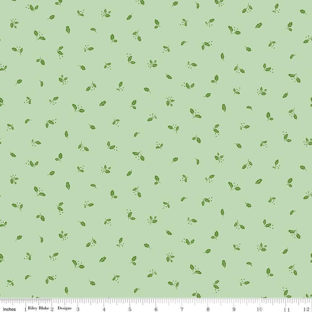 Image of Virginia Rose Leaflet Mint quilting cotton by Katherine Lenius for Riley Blake Designs. Features leaves on a green background. Cute Little Fabric Shop