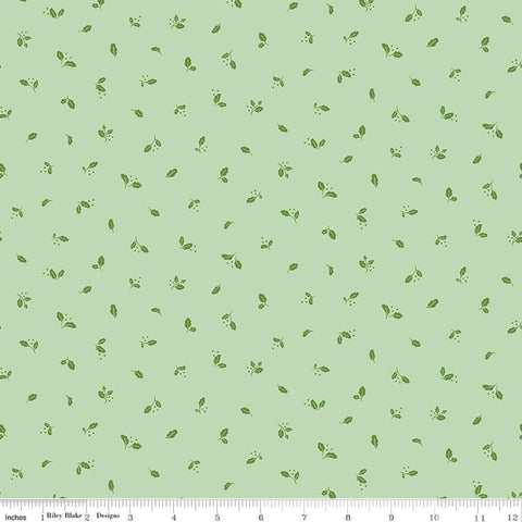 Image of Virginia Rose Leaflet Mint quilting cotton by Katherine Lenius for Riley Blake Designs. Features leaves on a green background. Cute Little Fabric Shop
