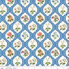 Image of Virginia Rose Wallflower Blue quilting cotton by Katherine Lenius for Riley Blake Designs. Features flowers on a blue background. Cute Little Fabric Shop