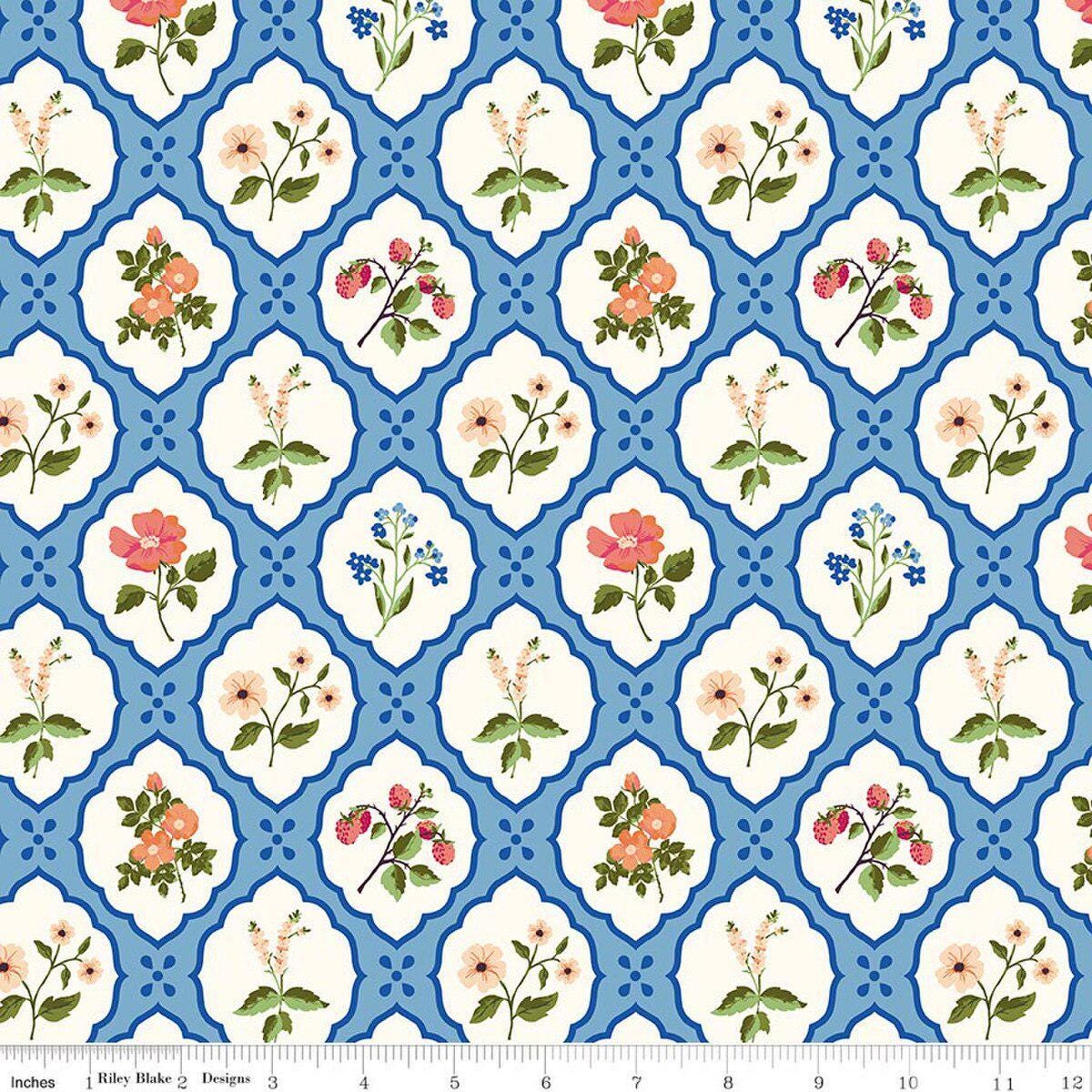 Image of Virginia Rose Wallflower Blue quilting cotton by Katherine Lenius for Riley Blake Designs. Features flowers on a blue background. Cute Little Fabric Shop