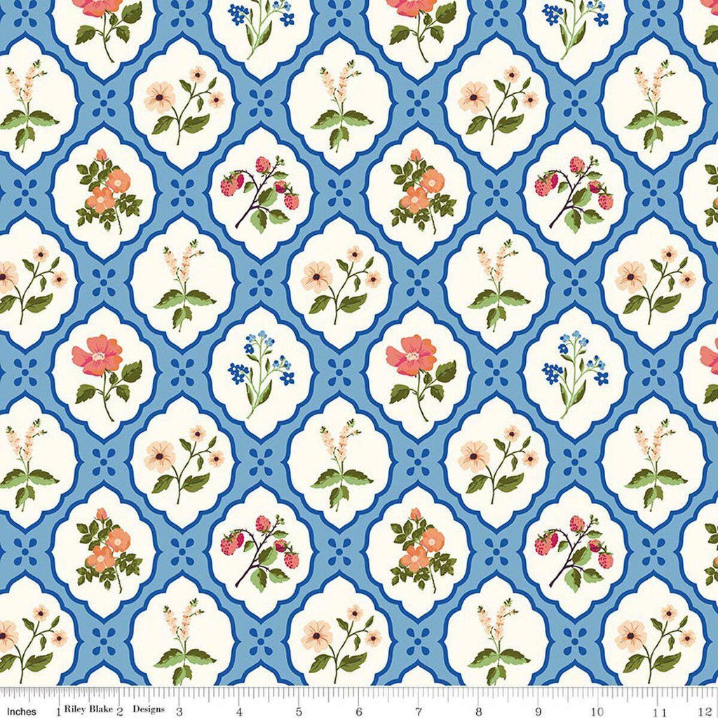 Image of Virginia Rose Wallflower Blue quilting cotton by Katherine Lenius for Riley Blake Designs. Features flowers on a blue background. Cute Little Fabric Shop