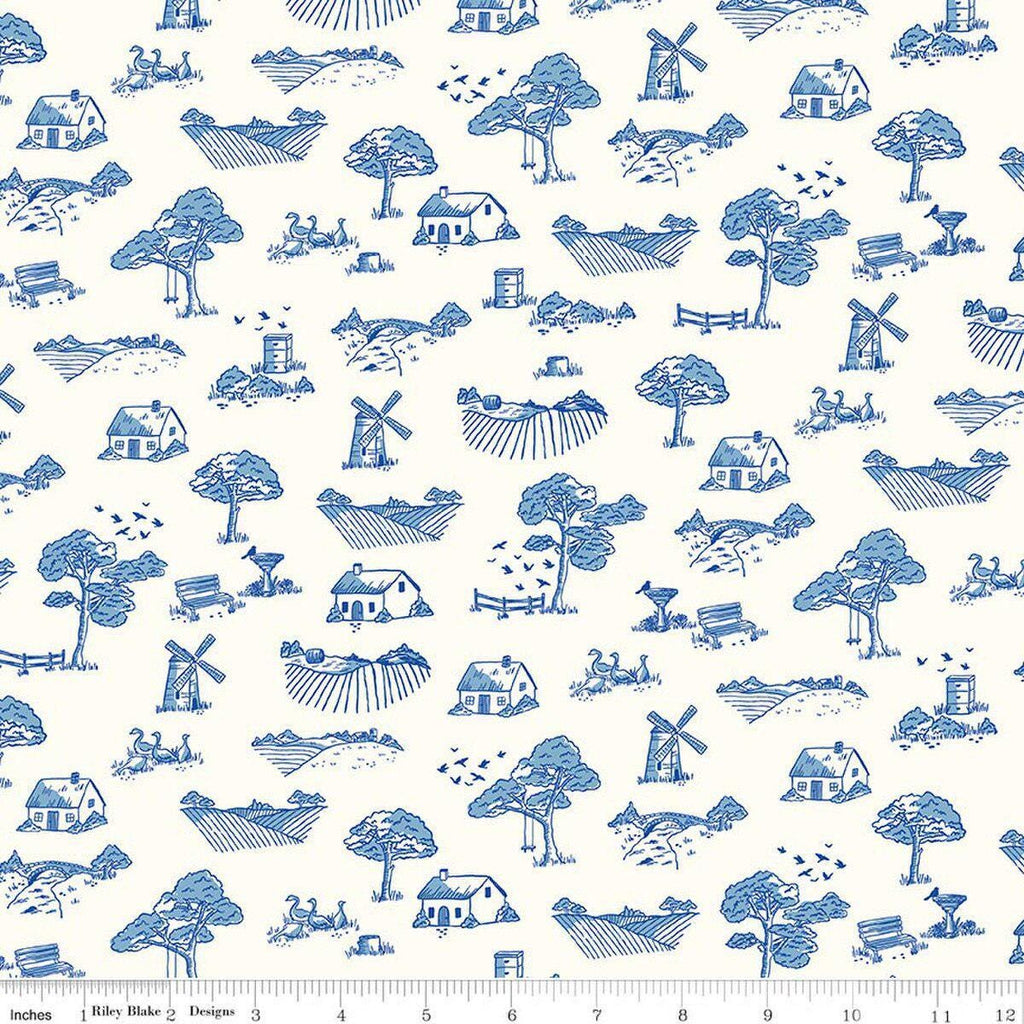Image of Virginia Rose Toile Blue quilting cotton by Katherine Lenius for Riley Blake Designs. Features farm on a cream background. Cute Little Fabric Shop