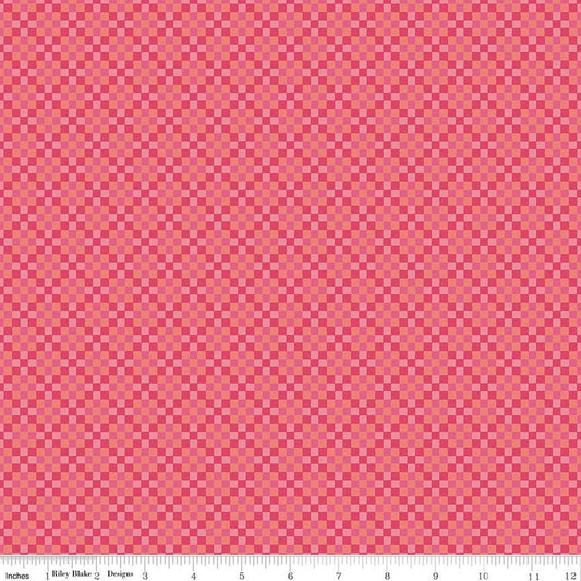Image of Virginia Rose Patchwork Pink quilting cotton by Katherine Lenius for Riley Blake Designs. Features squares on a pink background. Cute Little Fabric Shop