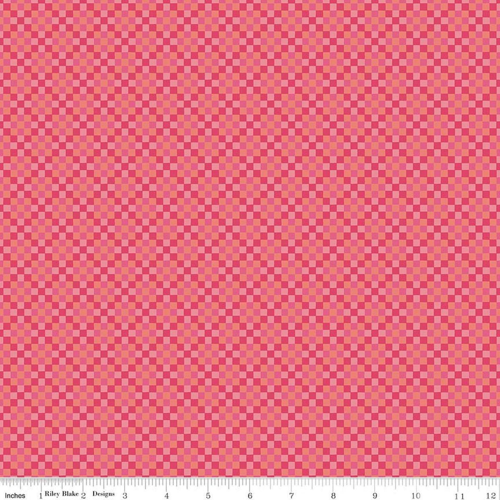 Image of Virginia Rose Patchwork Pink quilting cotton by Katherine Lenius for Riley Blake Designs. Features squares on a pink background. Cute Little Fabric Shop