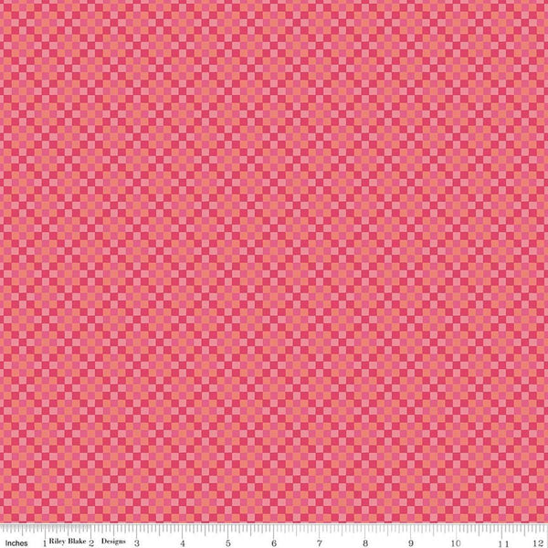 Image of Virginia Rose Patchwork Pink quilting cotton by Katherine Lenius for Riley Blake Designs. Features squares on a pink background. Cute Little Fabric Shop