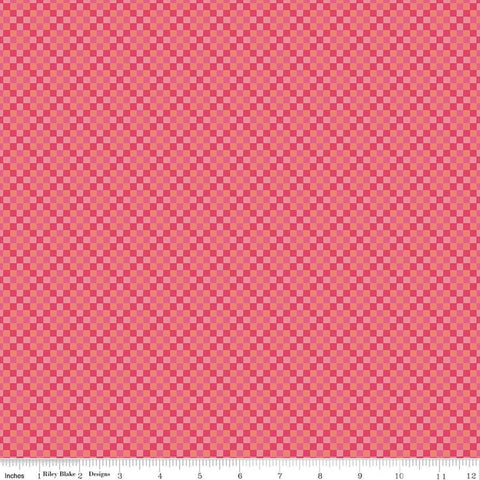 Image of Virginia Rose Patchwork Pink quilting cotton by Katherine Lenius for Riley Blake Designs. Features squares on a pink background. Cute Little Fabric Shop