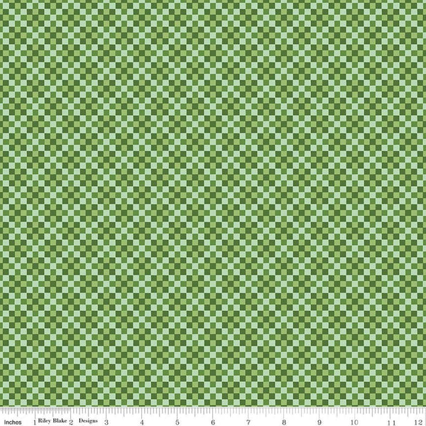 Image of Virginia Rose Patchwork Green quilting cotton by Katherine Lenius for Riley Blake Designs. Features squares on a green background. Cute Little Fabric Shop