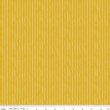 Image of Virginia Rose Wavy Stripe Yellow quilting cotton by Katherine Lenius for Riley Blake Designs. Features stripes on a yellow background. Cute Little Fabric Shop