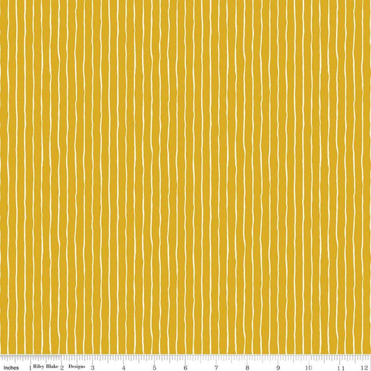 Image of Virginia Rose Wavy Stripe Yellow quilting cotton by Katherine Lenius for Riley Blake Designs. Features stripes on a yellow background. Cute Little Fabric Shop