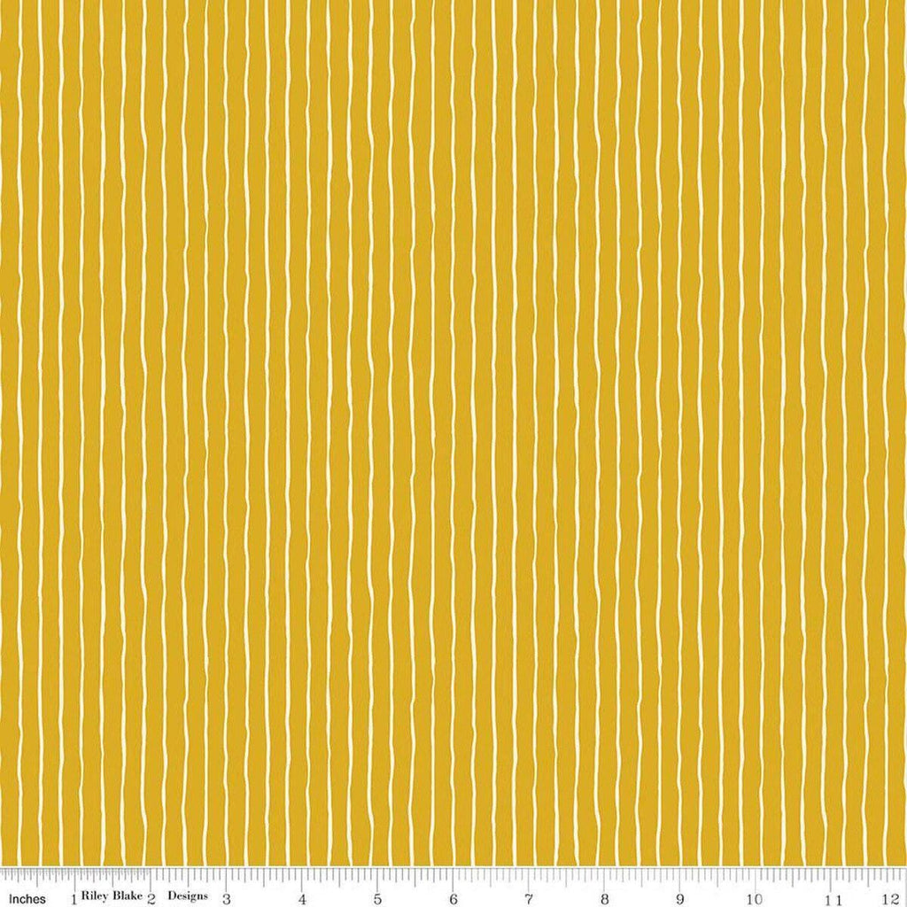 Image of Virginia Rose Wavy Stripe Yellow quilting cotton by Katherine Lenius for Riley Blake Designs. Features stripes on a yellow background. Cute Little Fabric Shop