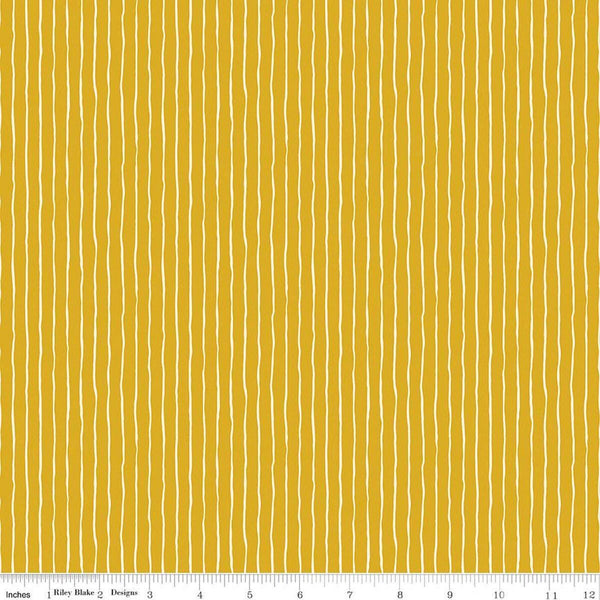 Image of Virginia Rose Wavy Stripe Yellow quilting cotton by Katherine Lenius for Riley Blake Designs. Features stripes on a yellow background. Cute Little Fabric Shop