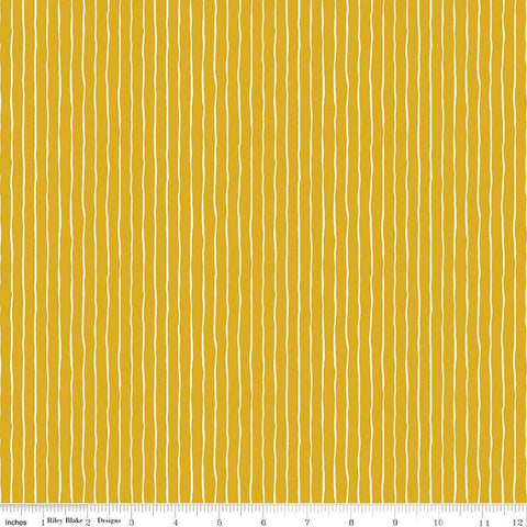 Image of Virginia Rose Wavy Stripe Yellow quilting cotton by Katherine Lenius for Riley Blake Designs. Features stripes on a yellow background. Cute Little Fabric Shop