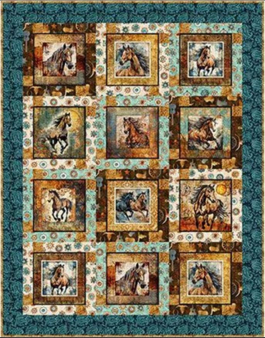 Block Talk Quilt Kit - QT Fabrics - Pattern Fabric - Western Horses Panel Quilt - Quilting Cotton Fabric - Confident Beginner