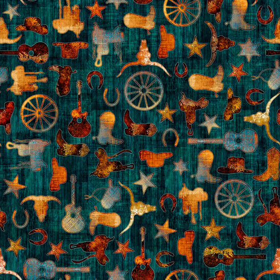 Image of Born to Run Western Motif Dark Teal quilting cotton fabric by Dan Morris for QT Fabrics. Features supplies on a blue background. Cute Little Fabric Shop