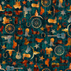 Image of Born to Run Western Motif Dark Teal quilting cotton fabric by Dan Morris for QT Fabrics. Features supplies on a blue background. Cute Little Fabric Shop
