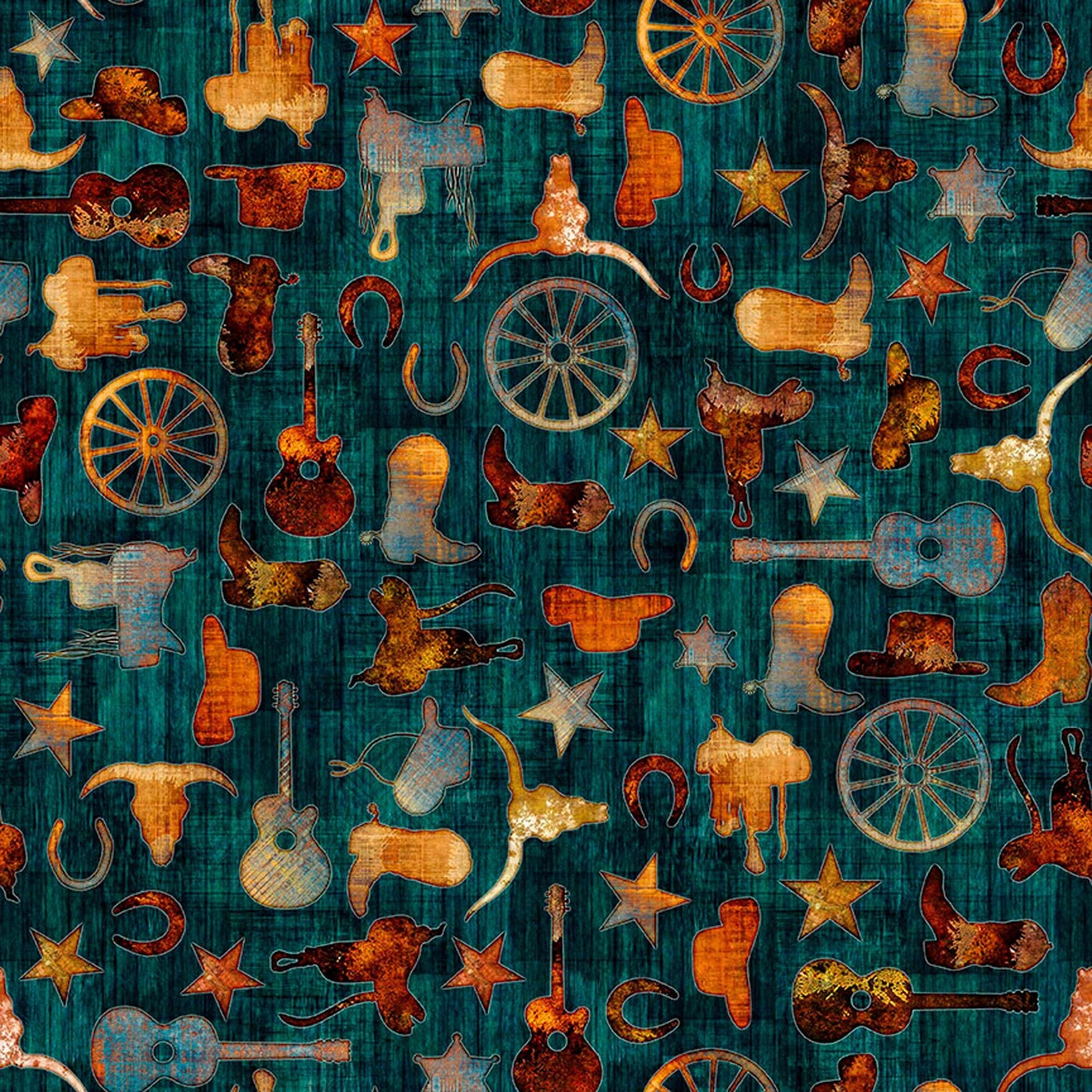 Image of Born to Run Western Motif Dark Teal quilting cotton fabric by Dan Morris for QT Fabrics. Features supplies on a blue background. Cute Little Fabric Shop