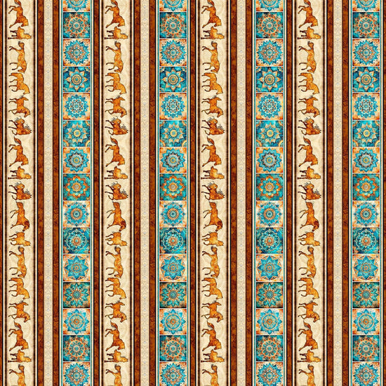 Image of Born to Run Horse & Mandalas Border Strip Multi quilting cotton fabric by Dan Morris for QT Fabrics. Features horses and flowers on a cream background. Cute Little Fabric Shop