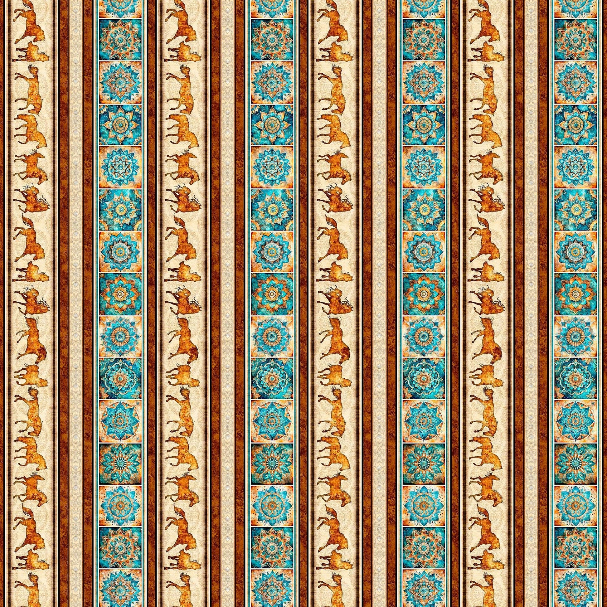 Image of Born to Run Horse & Mandalas Border Strip Multi quilting cotton fabric by Dan Morris for QT Fabrics. Features horses and flowers on a cream background. Cute Little Fabric Shop