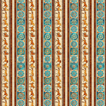 Image of Born to Run Horse & Mandalas Border Strip Multi quilting cotton fabric by Dan Morris for QT Fabrics. Features horses and flowers on a cream background. Cute Little Fabric Shop