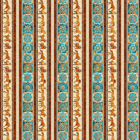 Image of Born to Run Horse & Mandalas Border Strip Multi quilting cotton fabric by Dan Morris for QT Fabrics. Features horses and flowers on a cream background. Cute Little Fabric Shop