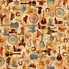 Image of Born to Run Western Motif Rust quilting cotton fabric by Dan Morris for QT Fabrics. Features supplies on a tan background. Cute Little Fabric Shop