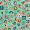 Image of Born to Run Mandalas Turquoise quilting cotton fabric by Dan Morris for QT Fabrics. Features flowers on a blue background. Cute Little Fabric Shop