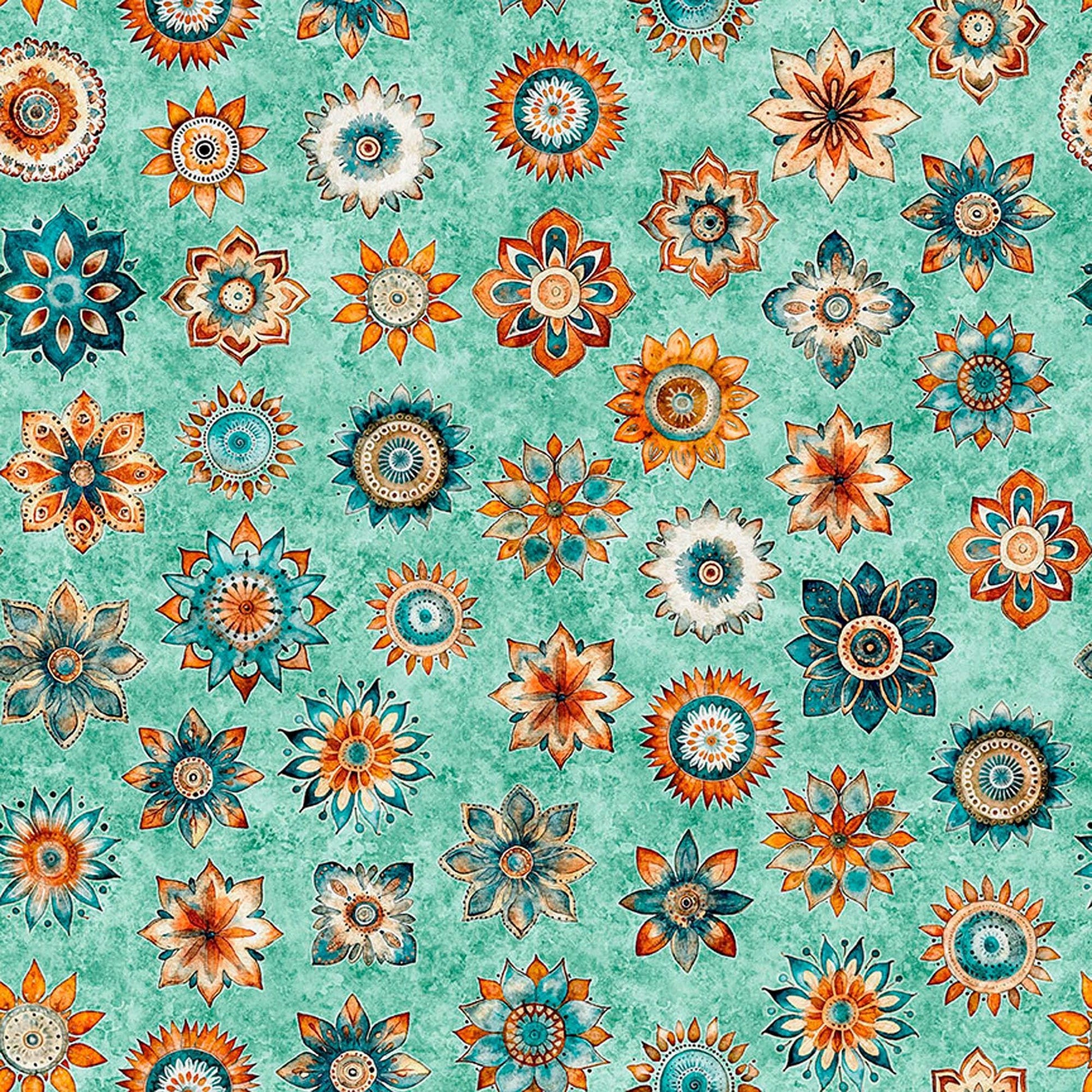 Image of Born to Run Mandalas Turquoise quilting cotton fabric by Dan Morris for QT Fabrics. Features flowers on a blue background. Cute Little Fabric Shop