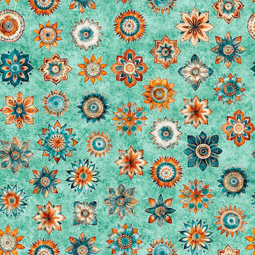 Image of Born to Run Mandalas Turquoise quilting cotton fabric by Dan Morris for QT Fabrics. Features flowers on a blue background. Cute Little Fabric Shop
