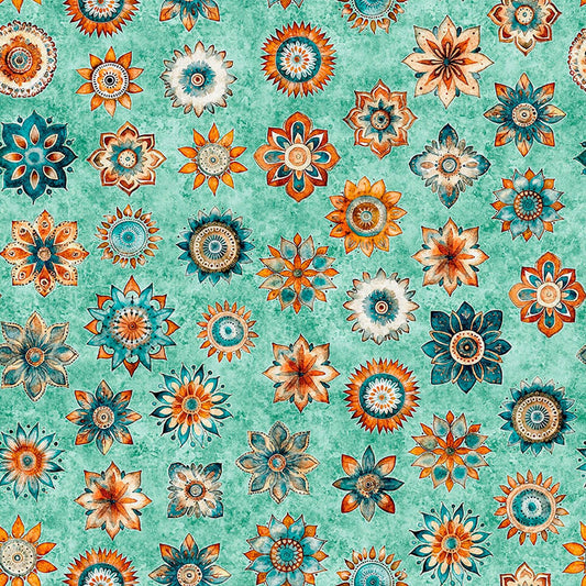 Image of Born to Run Mandalas Turquoise quilting cotton fabric by Dan Morris for QT Fabrics. Features flowers on a blue background. Cute Little Fabric Shop