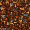 Image of Born to Run Western Motif Brown quilting cotton fabric by Dan Morris for QT Fabrics. Features supplies on a brown background. Cute Little Fabric Shop