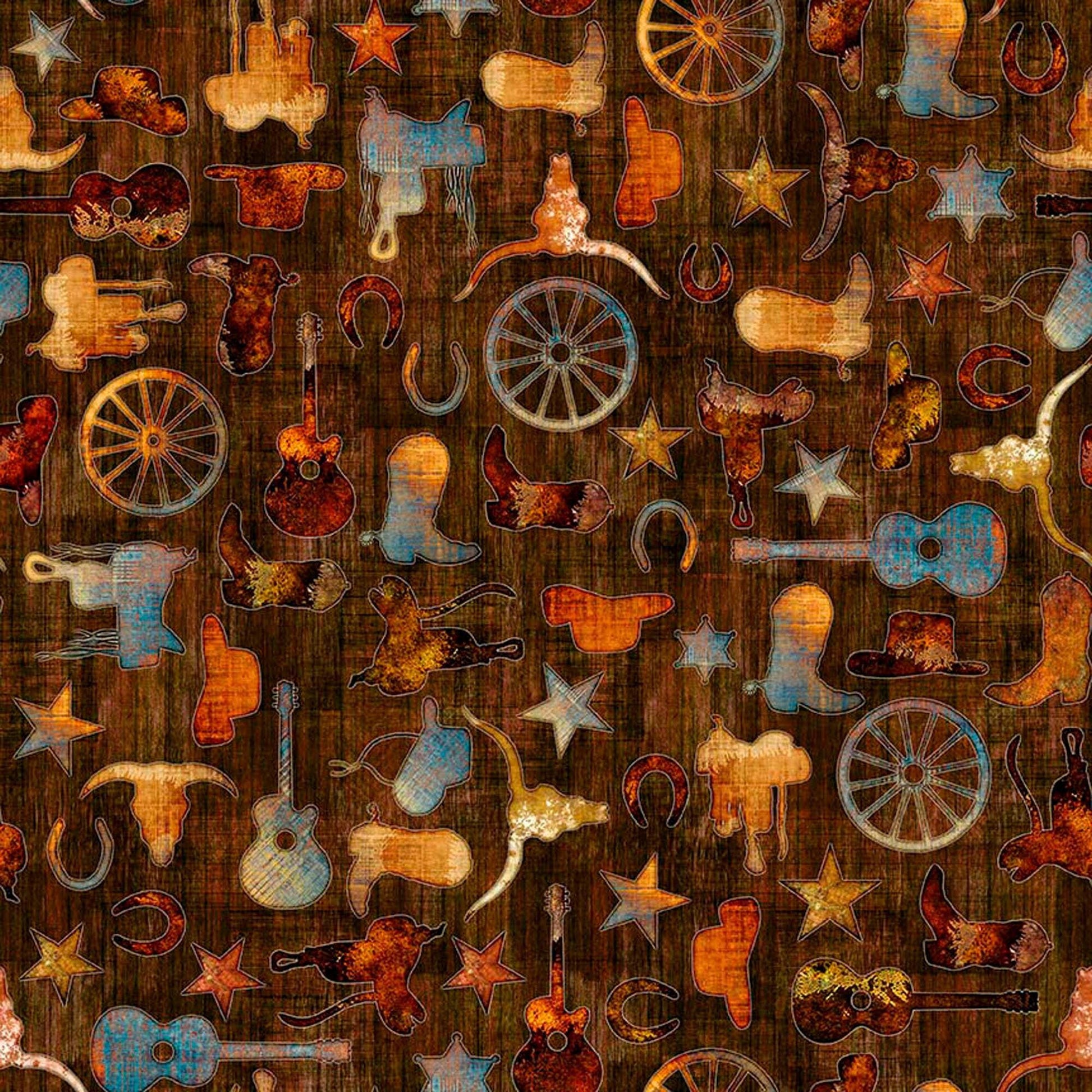 Image of Born to Run Western Motif Brown quilting cotton fabric by Dan Morris for QT Fabrics. Features supplies on a brown background. Cute Little Fabric Shop