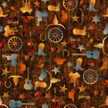 Image of Born to Run Western Motif Brown quilting cotton fabric by Dan Morris for QT Fabrics. Features supplies on a brown background. Cute Little Fabric Shop