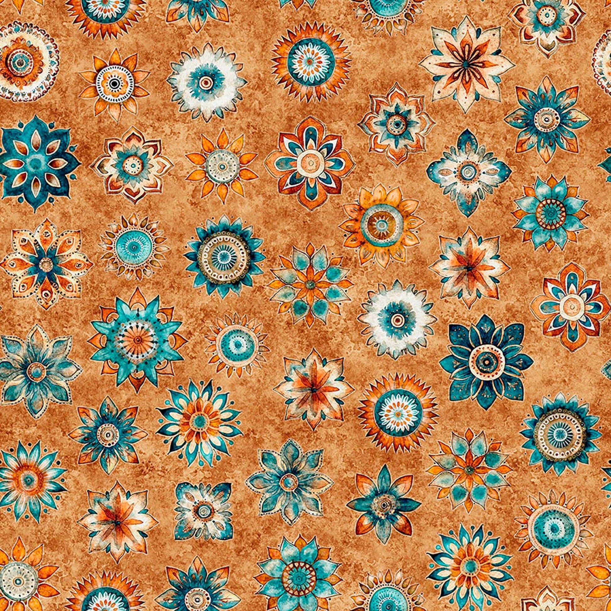 Image of Born to Run Mandalas Terracotta quilting cotton fabric by Dan Morris for QT Fabrics. Features flowers on a brown background. Cute Little Fabric Shop