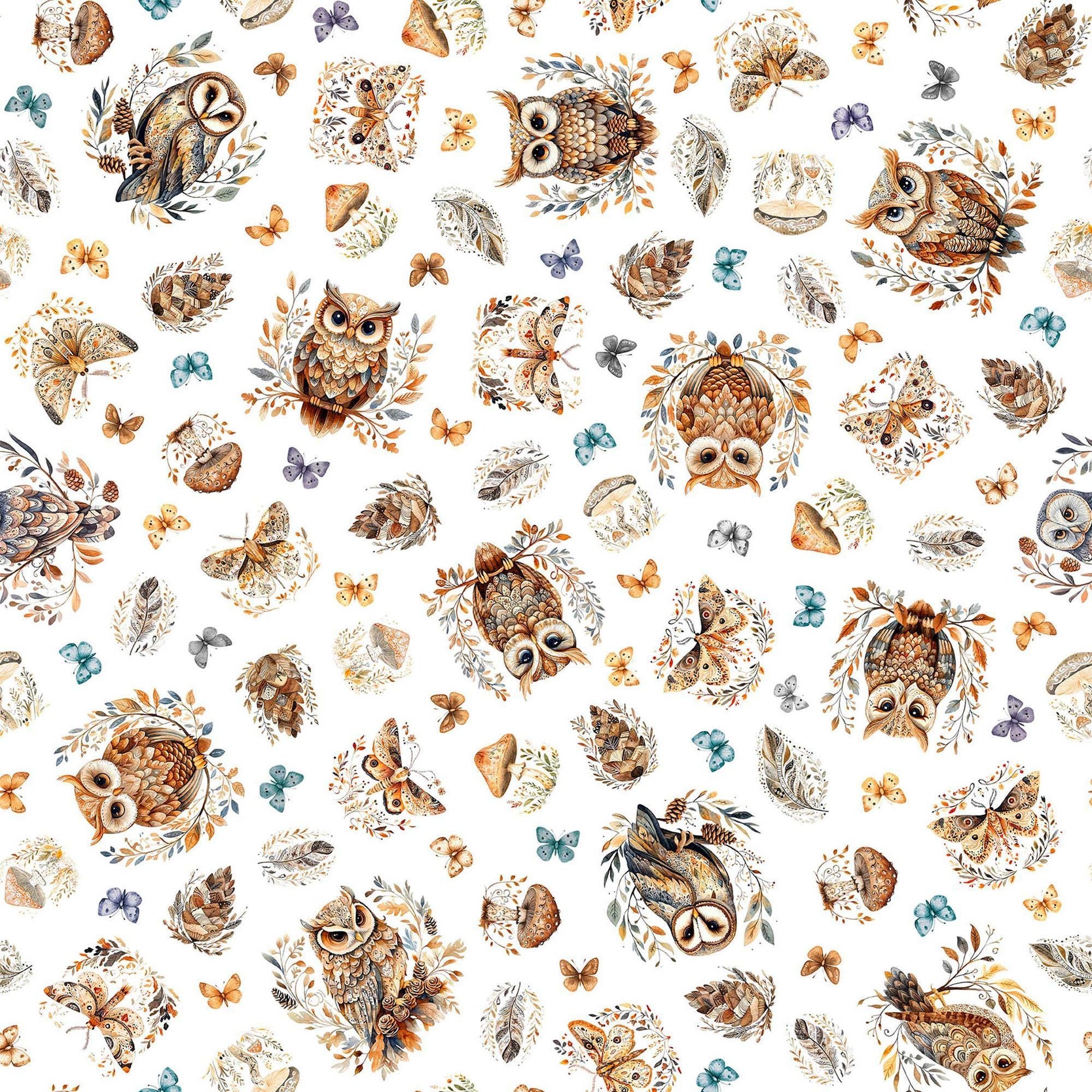 Image of Night Owls Owls White quilting cotton by Morris Creative Group for QT Fabrics. Features owls on a white background. Cute Little Fabric Shop