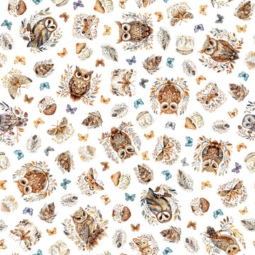 Image of Night Owls Owls White quilting cotton by Morris Creative Group for QT Fabrics. Features owls on a white background. Cute Little Fabric Shop