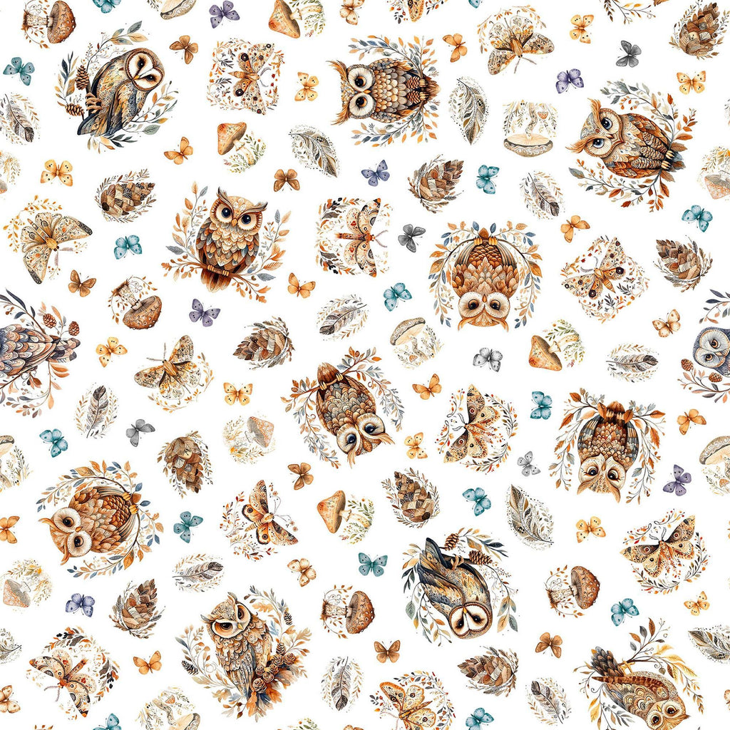Image of Night Owls Owls White quilting cotton by Morris Creative Group for QT Fabrics. Features owls on a white background. Cute Little Fabric Shop