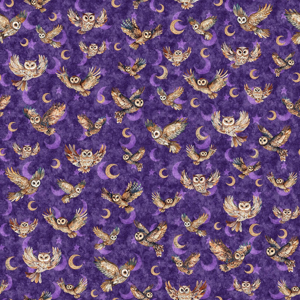 Image of Night Owls Flying Owls Purple quilting cotton by Morris Creative Group for QT Fabrics. Features owls on a purple background. Cute Little Fabric Shop