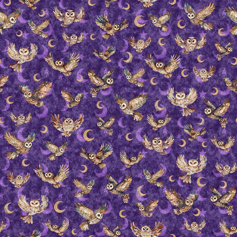 Image of Night Owls Flying Owls Purple quilting cotton by Morris Creative Group for QT Fabrics. Features owls on a purple background. Cute Little Fabric Shop