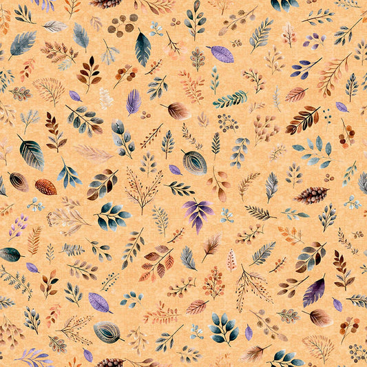 Image of Night Owls Foliage Apricot quilting cotton by Morris Creative Group for QT Fabrics. Features leaves on an orange background. Cute Little Fabric Shop