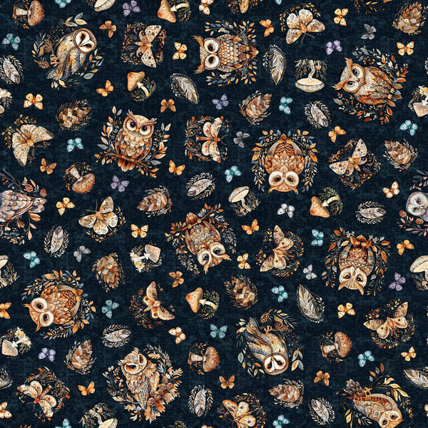 Image of Night Owls Owls Dark Teal quilting cotton by Morris Creative Group for QT Fabrics. Features owls on a blue background. Cute Little Fabric Shop