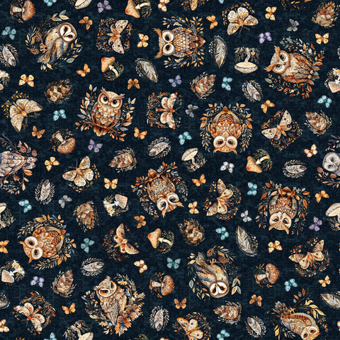 Image of Night Owls Owls Dark Teal quilting cotton by Morris Creative Group for QT Fabrics. Features owls on a blue background. Cute Little Fabric Shop