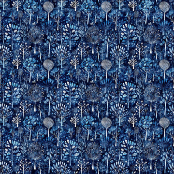 Image of Night Owls Trees Navy quilting cotton by Morris Creative Group for QT Fabrics. Features trees on a blue background. Cute Little Fabric Shop