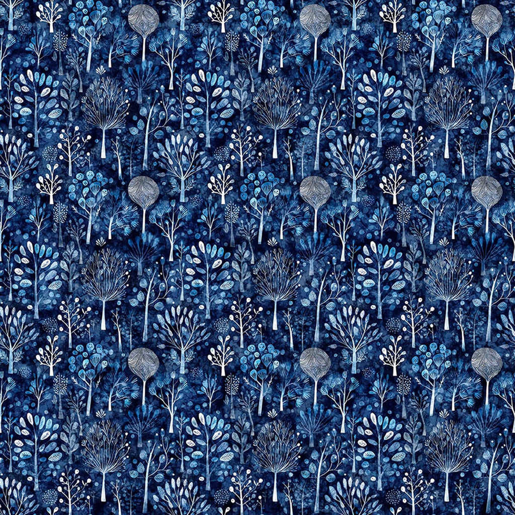Image of Night Owls Trees Navy quilting cotton by Morris Creative Group for QT Fabrics. Features trees on a blue background. Cute Little Fabric Shop
