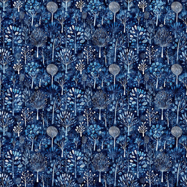 Image of Night Owls Trees Navy quilting cotton by Morris Creative Group for QT Fabrics. Features trees on a blue background. Cute Little Fabric Shop