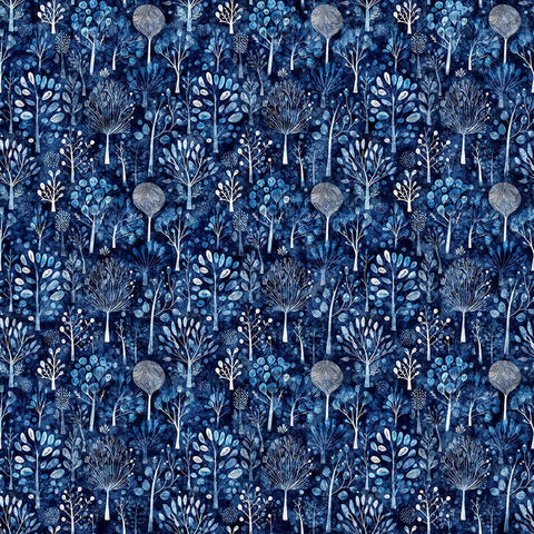 Image of Night Owls Trees Navy quilting cotton by Morris Creative Group for QT Fabrics. Features trees on a blue background. Cute Little Fabric Shop